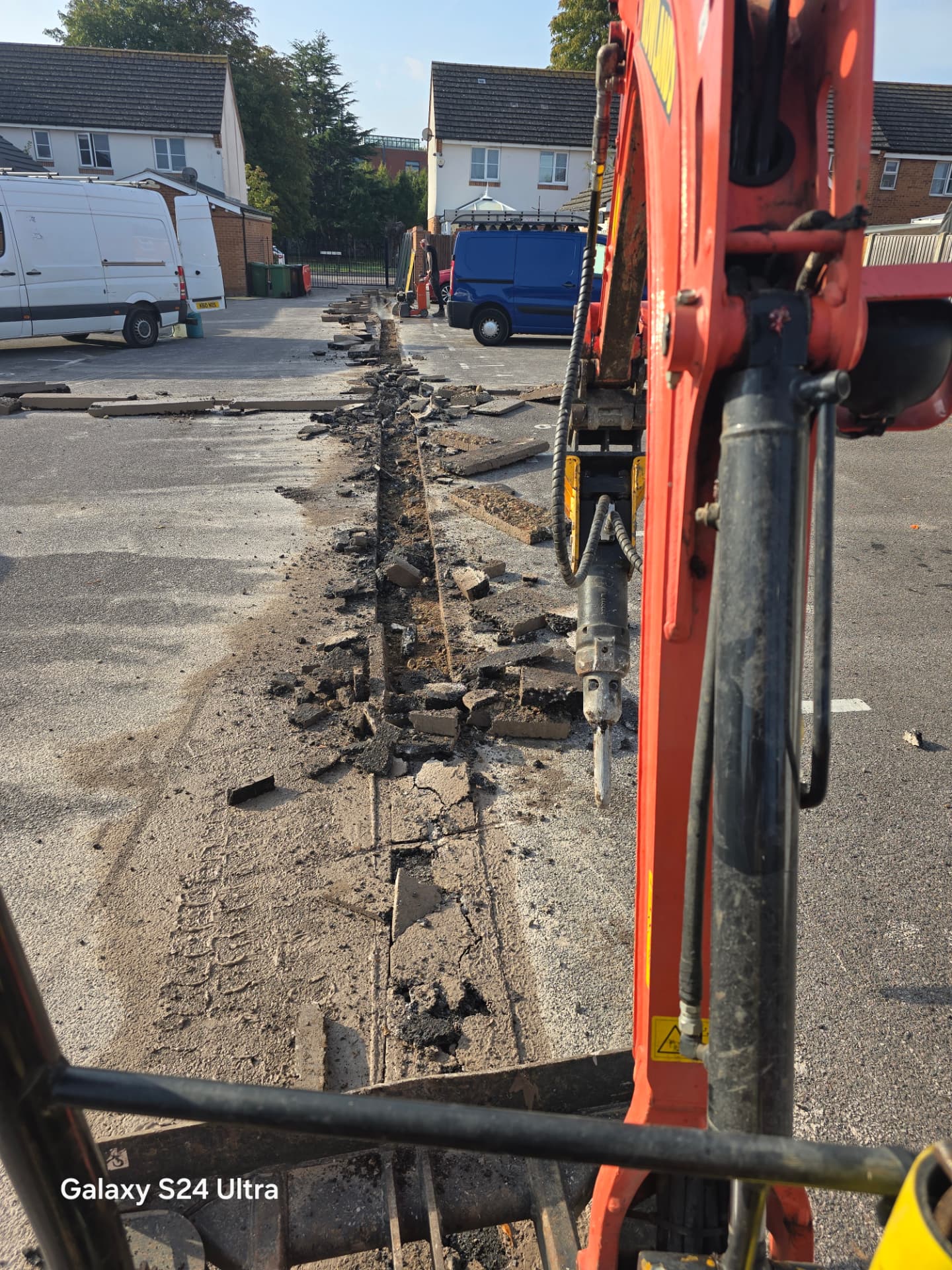 Excavated route through hardstanding ready for a new cable installation in Portsmouth