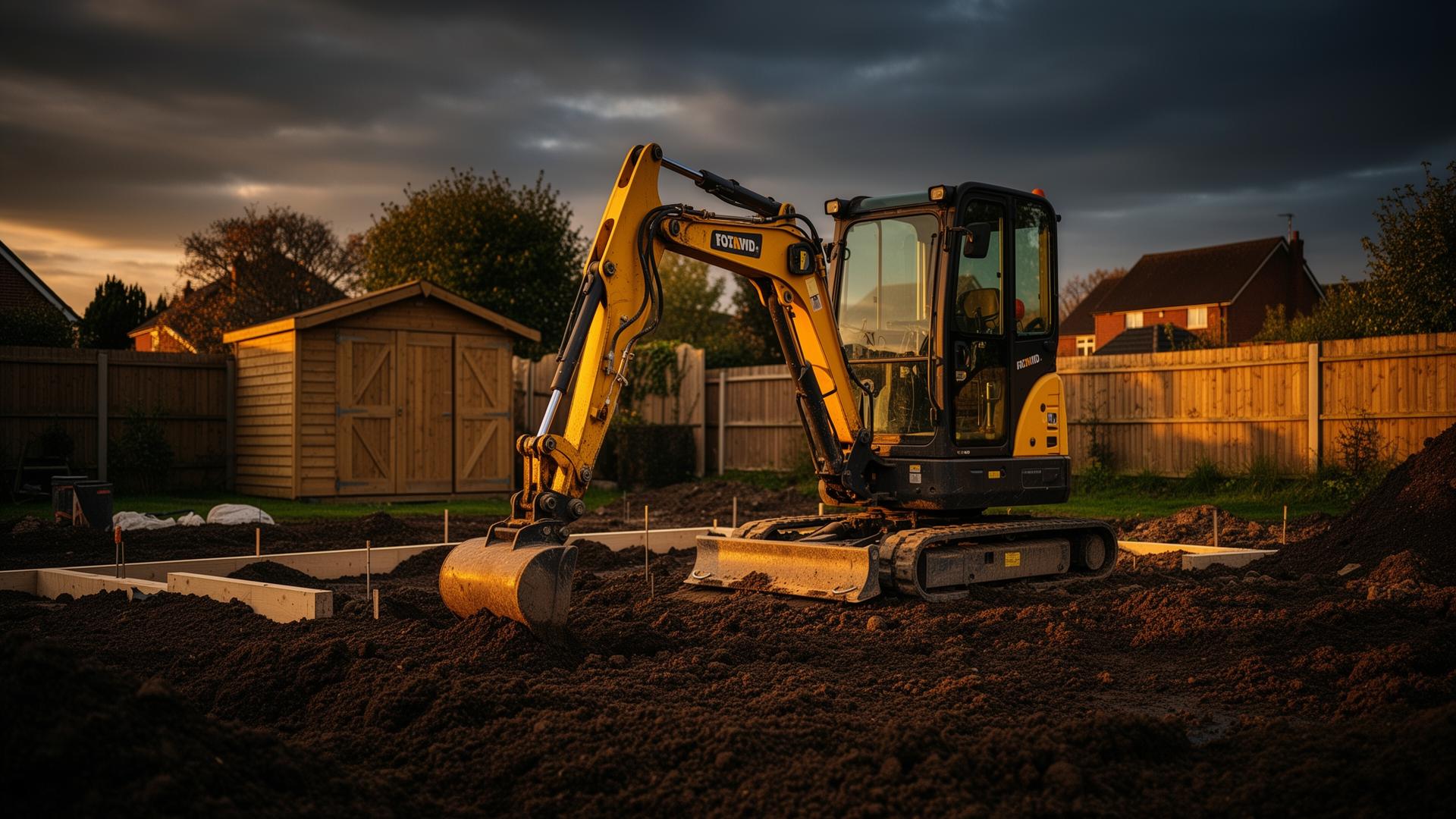 Mini-excavator digging footings for a shed base at golden hour
